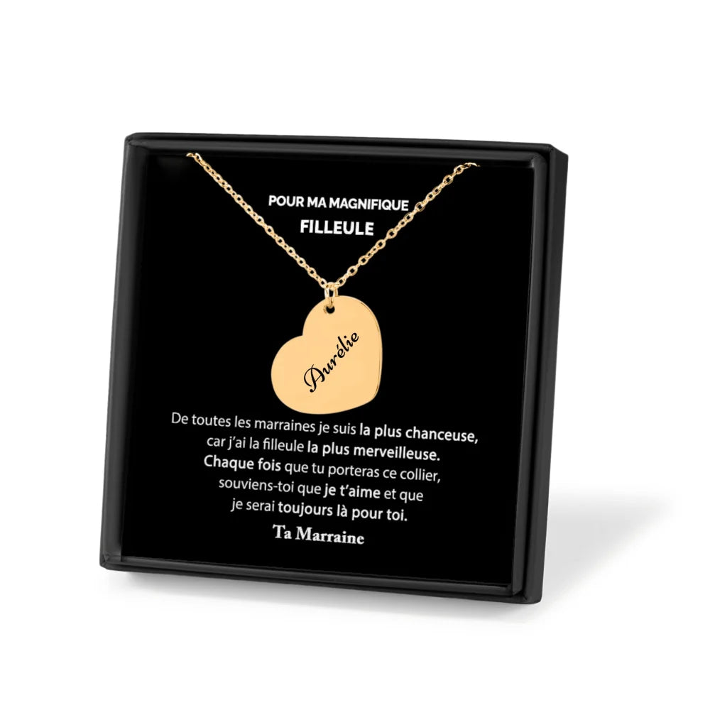 Cadeau De Marraine Pour Sa Filleule - Collier Coeur Gravé Prénom Personnalisé - Tu Es Merveilleuse