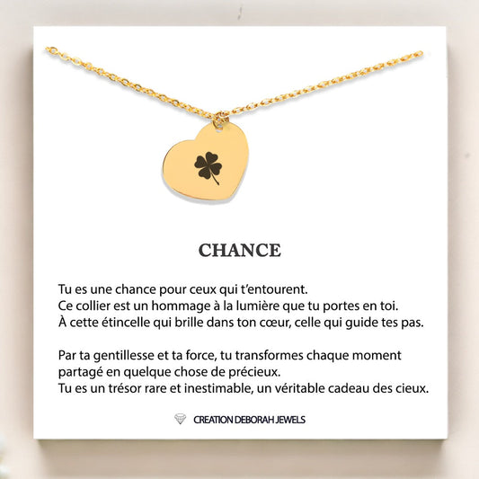 Pendentif Coeur Trèfle à 4 Feuilles Gravé avec Chaine de 45cm & Message D’amour