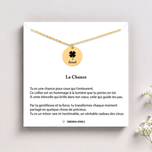 Pendentif Trèfle à 4 Feuilles & Prénom Gravé avec Chaine de 45cm et Texte